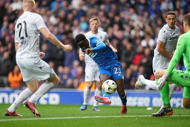 Djeidi Gassama of Rangers scores to give Rangers a 1-0 lead. Rangers v Viktoria Plzen, UEFA Champions League, 3rd Qualifying Round, First Leg, Football, Ibrox Stadium, Glasgow, Scotland, UK - 05 Aug 2025Glasgow Ibrox Stadium Scotland United Kingdom EDITORIAL USE ONLY No use with unauthorised audio, video, data, fixture lists, club league logos or live services. Online in-match use limited to 120 images, no video emulation. No use in betting, games or single club league player publications. Copyright: xStuartxWallace Shutterstockx 15428174e