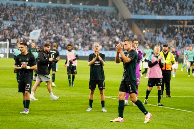 Champions League Malmö FF FC Copenhagen Copenhagens Rodrigo Huescas, Magnus Mattsson and Viktor Claesson after the Champions League match in the third qualifying round between Malmö FF and FC Koebenhavn at Eleda Stadion in Malmö, Tuesday, August 5, 2025 Photo Mads Claus Rasmussen Scanpix 2025 , Malmö Denmark  Copyright: MadsxClausxRasmussenx spdk20250805-205213-L