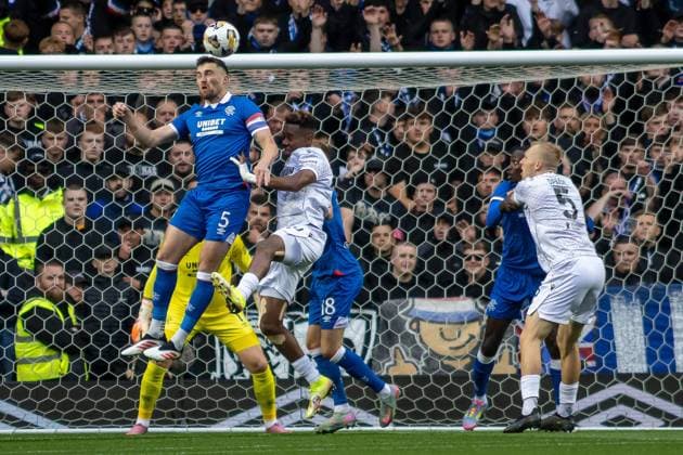 Rangers v Viktoria Plzen Champions League 05 08 2025. Qualifier John Souttar of Rangers FC wins a vital early header in front of goal during the Champions League 3rd qualifying round, 1st leg, Rangers Vs Viktoria Plzen Ibrox Stadium, Glasgow. Scotland, 05 08 2025. Govan Ibrox Stadium Glasgow Scotland Editorial use only , Copyright: xColinxPoultneyx PSI-22497-0010