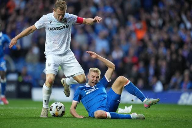 Oliver Antman of Rangers fouled inside the Plzen penalty area by Matej Vydrav of Viktoria Plzen. Penalty Rangers late in the first half. Rangers v Viktoria Plzen, UEFA Champions League, 3rd Qualifying Round, First Leg, Football, Ibrox Stadium, Glasgow, Scotland, UK - 05 Aug 2025Glasgow Ibrox Stadium Scotland United Kingdom EDITORIAL USE ONLY No use with unauthorised audio, video, data, fixture lists, club league logos or live services. Online in-match use limited to 120 images, no video emulation. No use in betting, games or single club league player publications. Copyright: xStuartxWallace Shutterstockx 15428174at