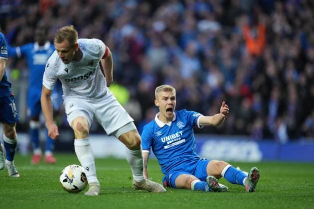 Oliver Antman of Rangers fouled inside the Plzen penalty area by Matej Vydrav of Viktoria Plzen. Penalty Rangers late in the first half. Rangers v Viktoria Plzen, UEFA Champions League, 3rd Qualifying Round, First Leg, Football, Ibrox Stadium, Glasgow, Scotland, UK - 05 Aug 2025Glasgow Ibrox Stadium Scotland United Kingdom EDITORIAL USE ONLY No use with unauthorised audio, video, data, fixture lists, club league logos or live services. Online in-match use limited to 120 images, no video emulation. No use in betting, games or single club league player publications. Copyright: xStuartxWallace Shutterstockx 15428174au