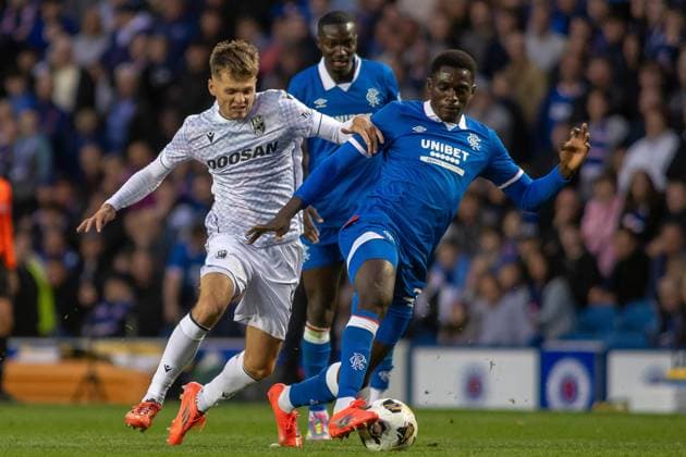 Rangers v Viktoria Plzen Champions League 05 08 2025. Qualifier Nasser Djiga of Rangers FC under pressure from Denis ViÅ¡inskÃ½ of FC Viktoria PlzeÅˆ during the Champions League 3rd qualifying round, 1st leg, Rangers Vs Viktoria Plzen Ibrox Stadium, Glasgow. Scotland, 05 08 2025. Govan Ibrox Stadium Glasgow Scotland Editorial use only , Copyright: xColinxPoultneyx PSI-22497-0033