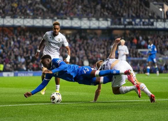 Djeidi Gassama of Rangers fouled by Amar Memic of Viktoria Plzen. Rangers v Viktoria Plzen, UEFA Champions League, 3rd Qualifying Round, First Leg, Football, Ibrox Stadium, Glasgow, Scotland, UK - 05 Aug 2025Glasgow Ibrox Stadium Scotland United Kingdom EDITORIAL USE ONLY No use with unauthorised audio, video, data, fixture lists, club league logos or live services. Online in-match use limited to 120 images, no video emulation. No use in betting, games or single club league player publications. Copyright: xStuartxWallace Shutterstockx 15428174cj