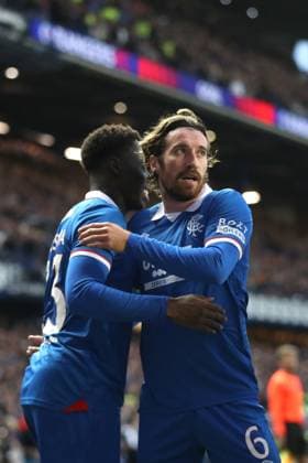 Djeidi Gassama of Rangers celebrates his second goal with Joe Rothwell during the Champions League third qualifying round first leg match at Ibrox Stadium, Glasgow. Rangers v Viktoria Plzen - UEFA Champions League - Third Qualifying Round First Leg - Ibrox Stadium, Glasgow, Lanarkshire, Scotland, UK - 05 Aug 2025Glasgow Ibrox Lanarkshire United Kingdom  Copyright: xO Rourke RangersxFC Shutterstockx 15428761dn