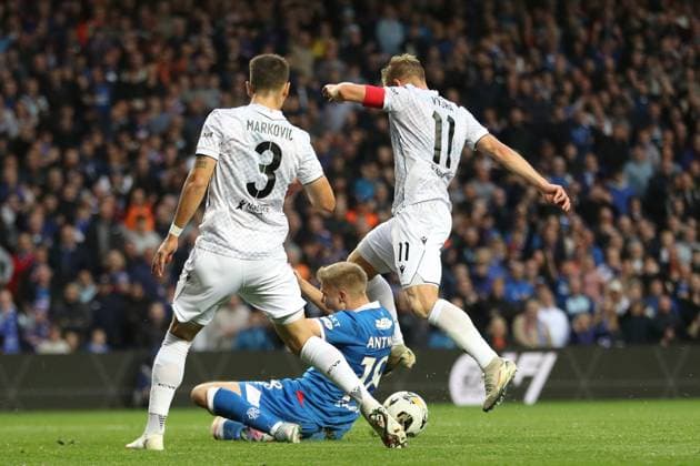 Oliver Antman of Rangers is brought down inside the penalty area by Matej Vydra of FC Viktoria Plzen resulting in a penalty kick being awarded during the Champions League third qualifying round first leg match at Ibrox Stadium, Glasgow. Rangers v Viktoria Plzen - UEFA Champions League - Third Qualifying Round First Leg - Ibrox Stadium, Glasgow, Lanarkshire, Scotland, UK - 05 Aug 2025Glasgow Ibrox Lanarkshire United Kingdom  Copyright: xO Rourke RangersxFC Shutterstockx 15428761dp