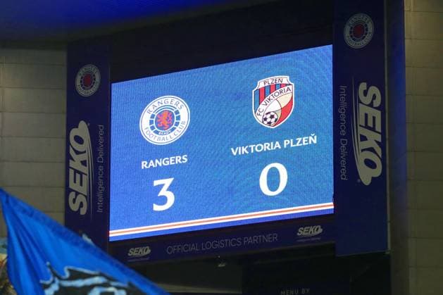 The full time score during the Champions League third qualifying round first leg match at Ibrox Stadium, Glasgow. Rangers v Viktoria Plzen - UEFA Champions League - Third Qualifying Round First Leg - Ibrox Stadium, Glasgow, Lanarkshire, Scotland, UK - 05 Aug 2025Glasgow Ibrox Lanarkshire United Kingdom  Copyright: xO Rourke RangersxFC Shutterstockx 15428761dr