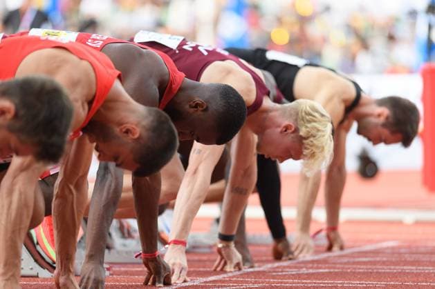 Dresden, Germany, August 2nd 2025: Athletes on the line and in their starting blocks just before the 100 metres semi-final during the German athletics Championship 2025 at Heinz-Steyer-Stadion, Dresden, Germany. (Sven Beyrich SPP)  Copyright: xSvenxBeyrich SPPx spp-en-SvBe-20250802-ND5_1949