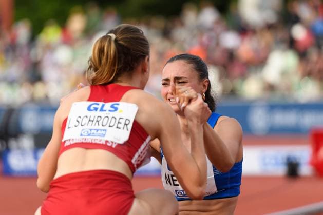 Dresden, Germany, August 2nd 2025: Amira Never (LAC Erdgas Chemnitz) in happy disbelief crying after the 100 metres hurdles final during the German athletics Championship 2025 at Heinz-Steyer-Stadion, Dresden, Germany. (Sven Beyrich SPP)  Copyright: xSvenxBeyrich SPPx spp-en-SvBe-20250802-ND5_2066