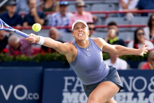 August 5, 2025, Montreal, Quebec, Canada: MADISON KEYS (6) from USA forehand in first set against Clara Tauson (16) from Denmark in quarter final at Canadian Open at IGA stadium in Montreal, Quebec, Canada on 2025-08-05 Montreal Canada - ZUMAl189 20250805_zsp_l189_001 Copyright: xYannickxLegarex