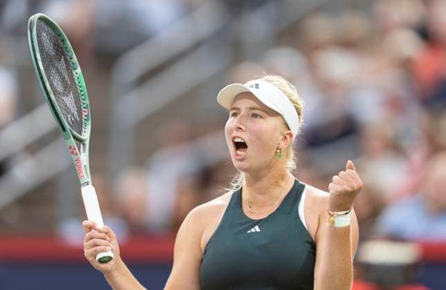 August 5, 2025, Montreal, Pq, Canada: Clara Tauson of Denmark celebrates her win over Madison Keys of the United States during quarterfinal tennis action at the National Bank Open in Montreal, Tuesday, Aug. 5, 2025. Canada News - August 5, 2025  - ZUMAc35_ 20250805_zaf_c35_060 Copyright: xChristinnexMuschix