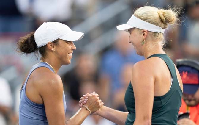 August 5, 2025, Montreal, Pq, Canada: Madison Keys of the United States, left, congratulates Clara Tauson of Denmark on her win during quarterfinal tennis action at the National Bank Open in Montreal, Tuesday, Aug. 5, 2025. Canada News - August 5, 2025 - ZUMAc35_ 20250805_zaf_c35_062 Copyright: xChristinnexMuschix