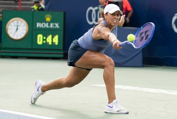 August 5, 2025, Montreal, Pq, Canada: Madison Keys of the United States hits a return to Clara Tauson of Denmark during quarterfinal tennis action at the National Bank Open in Montreal, Tuesday, Aug. 5, 2025. Canada News - August 5, 2025  - ZUMAc35_ 20250805_zaf_c35_068 Copyright: xChristinnexMuschix
