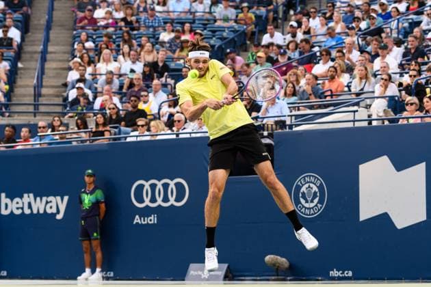 August 5, 2025, Toronto, Ontario, Canada: TAYLOR FRITZ of the US returns a shot against ANDREY RUBLEV during the National Bank Open Presented by Rogers at Sobeys Stadium. Toronto Canada - ZUMAr228 20250805_znp_r228_002 Copyright: xVasiliyxRyabykhx