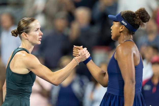 August 5, 2025, Montreal, Pq, Canada: Elina Svitolina of Ukraine, left, congratulates Naomi Osaka of Japan following her win during quarterfinal tennis action at the National Bank Open in Montreal, Tuesday, Aug. 5, 2025. Canada News - August 5, 2025 - ZUMAc35_ 20250805_zaf_c35_097 Copyright: xChristinnexMuschix