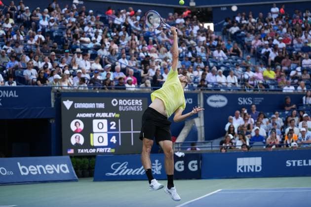 National Bank Open 2025 - Day 11 TORONTO, CANADA - AUGUST 5 : Andrey Rublev in action against Taylor Fritz of the United States during the men’s singles quarterfinals on day eleven of the 2025 National Bank Open at Sobeys Stadium in Toronto, Ontario, Canada on August 5, 2025. Mert Alper Dervis Anadolu Ontario Canada. Editorial use only. Please get in touch for any other usage.  Copyright: x2025xAnadoluxMertxAlperxDervisx