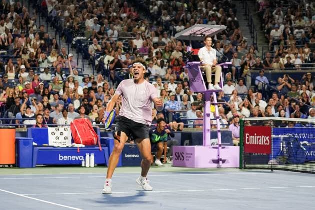 National Bank Open 2025 - Day 11 TORONTO, CANADA - AUGUST 5 : Ben Shelton of the United States celebrates a point against Alex de Minaur of Australia during the men’s singles quarterfinals on day eleven of the 2025 National Bank Open at Sobeys Stadium in Toronto, Ontario, Canada on August 5, 2025. Mert Alper Dervis Anadolu Ontario Canada. Editorial use only. Please get in touch for any other usage.  Copyright: x2025xAnadoluxMertxAlperxDervisx