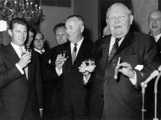 Football Germany Federal Chancellor Ludwig Erhard received the 1 FC Cologne, the new German Football champion u B Z v l Hans Schaefer, half hidden Wolfgang Overath and Georg Stollenwerk The Players , , Franz Kremer, Erhard and DFB President Dr Goessmann 02 06 1964 in Bonn Germany
