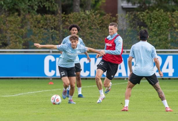 Soccer, Men, Season 2025 26, 2 Bundesliga, Hertha BSC, Training, f l Jeremy Dudziak Hertha BSC , Maurice Krattenmacher Hertha BSC , Niklas Kolbe Hertha BSC , Kevin Sessa Hertha BSC , 06 08 2025, Copyright: xSebastianxRäppold MatthiasxKochx