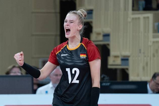 06 08 2025, xhfmx, Volleyball EM Qualification, Germany Switzerland Hanna Orthmann Germany cheers against Switzerland DFL DFB REGULATIONS PROHIBIT ANY USE OF PHOTOGRAPHS as IMAGE SEQUENCES and or QUASI VIDEO Wiesbaden