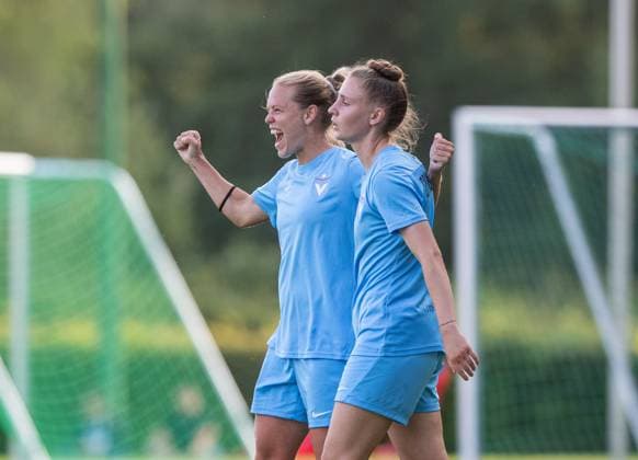 Soccer, Women, Season 2025 26, Test match, Hertha BSC FC Viktoria 1889 Berlin, f l Margarita Gidion Viktoria , Alisa Grincenco Viktoria , Celebration after goal to 1 2, 06 08 2025, Copyright: xSebastianxRäppold MatthiasxKochx