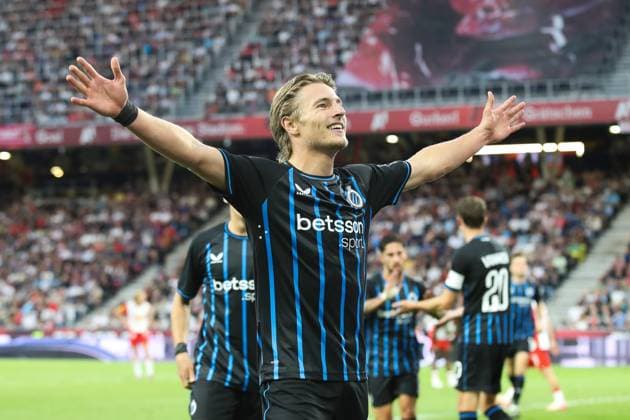 SOCCER - UEFA CL, RBS vs Brugge SALZBURG,AUSTRIA,06.AUG.25 - SOCCER - UEFA Champions League, qualification, Red Bull Salzburg vs Club Brugge. Image shows the rejoicing of Romeo Vermant (Brugge).  GEPAxpictures xMathiasxMandl