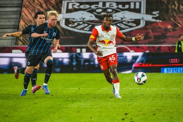 Football Austria, UEFA Champions League 2025 2026, 3rd qualifying round Red Bull Salzburg vs Club Brugge Red Bull Arena Salzburg, Wals Siezenheim, Austria Dorgeles Nene Red Bull Salzburg with Joaquin Seys Club Brugge KV Copyright: xLukasxBierederx