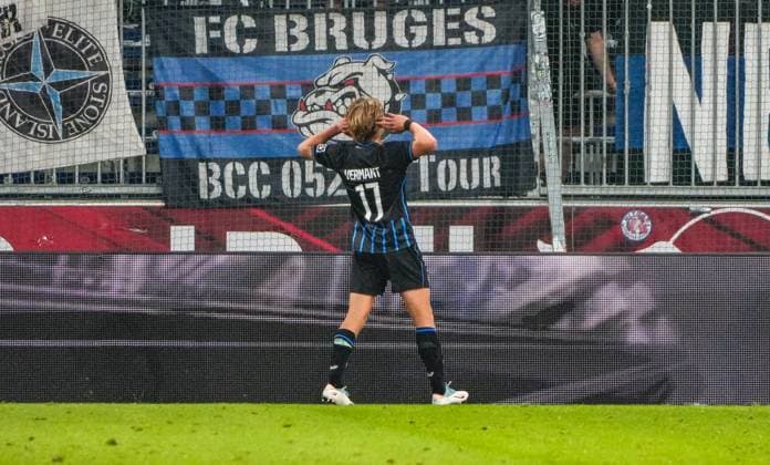 Football Austria, UEFA Champions League 2025 2026, 3rd qualifying round Red Bull Salzburg vs Club Brugge Red Bull Arena Salzburg, Wals Siezenheim, Austria Romeo Vermant Club Brugge KV with the goal to 0 1, goal, goal celebration Copyright: xLukasxBierederx