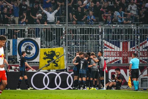 Football Austria, UEFA Champions League 2025 2026, 3rd qualifying round Red Bull Salzburg vs Club Brugge Red Bull Arena Salzburg, Wals Siezenheim, Austria Romeo Vermant Club Brugge KV with the goal to 0 1, goal, goal celebration Copyright: xLukasxBierederx