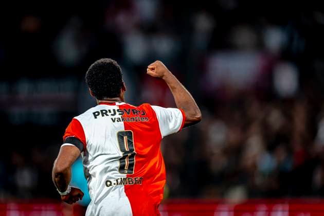 Feyenoord Rotterdam midfielder Quinten Timber scores the 1 0 and celebrating the goal during the match Feyenoord Fenerbahce at the Kuip Stadium for the third qualifying round champions league season 2025 2026 in Rotterdam, Netherlands on 6 august 2025, photo by Marcel van Dorst EYE4images DeFodi Images