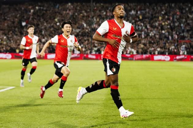 ROTTERDAM - Quinten Timber of Feyenoord cheers after scoring 1-0 during the third qualifying round Champions League match between Feyenoord and FenerbahoÂße at Feyenoord Stadium de Kuip on Aug. 6, 2025 in Rotterdam, Netherlands. ANP BART STOUTJESDIJK UEFA Champions League Third Qualifying Round First Leg 2025-2026 xVIxANPxSportx xxANPxIVx 532926828 originalFilename: 532926828.jpg