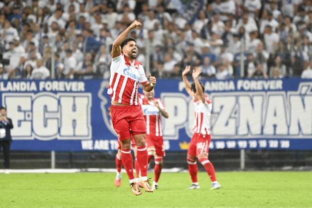 Rodrigo Prado joy after goal during match of the third qualifying round of the UEFA Champions League between Lech Poznan vs Crvena Zvezda, Poland, on August 6 2025  Copyright: xMichalxDubiel IPAxSportx xipa-agency.netx xx IPA_61826381 IPA_Agency_IPA61826381