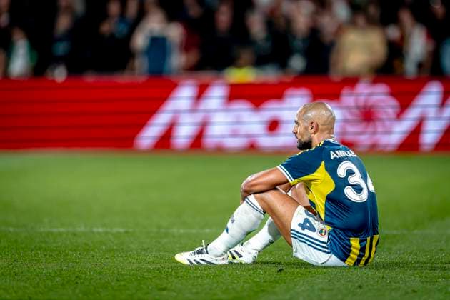 Fenerbahce SK midfielder Sofyan Amrabat dejected during the match Feyenoord Fenerbahce at the Kuip Stadium for the third qualifying round champions league season 2025 2026 in Rotterdam, Netherlands on 6 august 2025, photo by Marcel van Dorst EYE4images DeFodi Images