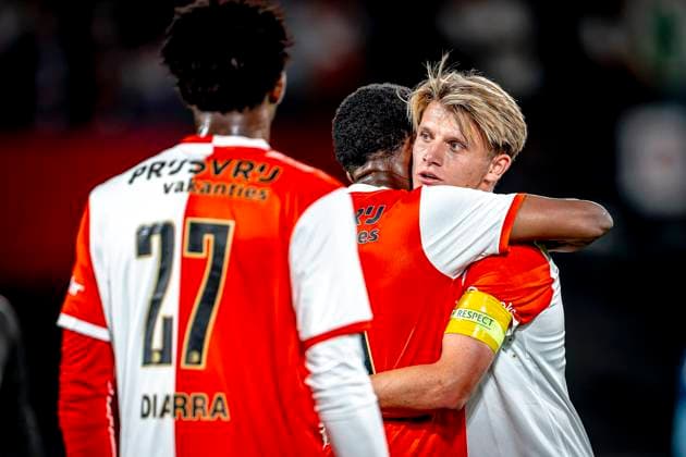 Feyenoord Rotterdam defender Givairo Read, Feyenoord Rotterdam midfielder Sem Steijn celebrating the victory after the game during the match Feyenoord Fenerbahce at the Kuip Stadium for the third qualifying round champions league season 2025 2026 in Rotterdam, Netherlands on 6 august 2025, photo by Marcel van Dorst EYE4images DeFodi Images