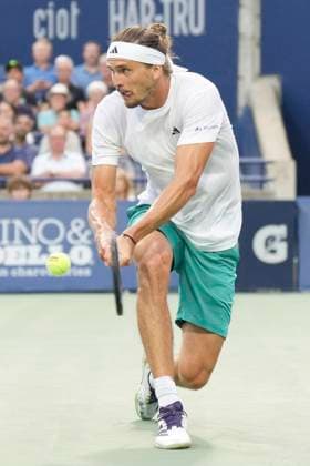 August 6, 2025, Toronto, On, CANADA: Alexander Zverev of Germany hits a return to Karen Khachanov of Russia during semifinal tennis action at the National Bank Open in Toronto on Wednesday, August 6, 2025. Alexander Zverev:  - ZUMAc35_ 20250806_zaf_c35_043 Copyright: xChrisxYoungx