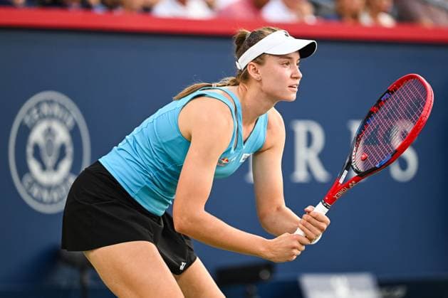 MONTREAL, QC - AUGUST 06: Elena Rybakina (KAZ) waits for service during a semifinal match at WTA, Tennis Damen National Bank Open on August 06, 2025 at IGA Stadium in Montreal, QC (Photo by David Kirouac Icon Sportswire) TENNIS: AUG 06 National Bank Open EDITORIAL USE ONLY Icon250806010