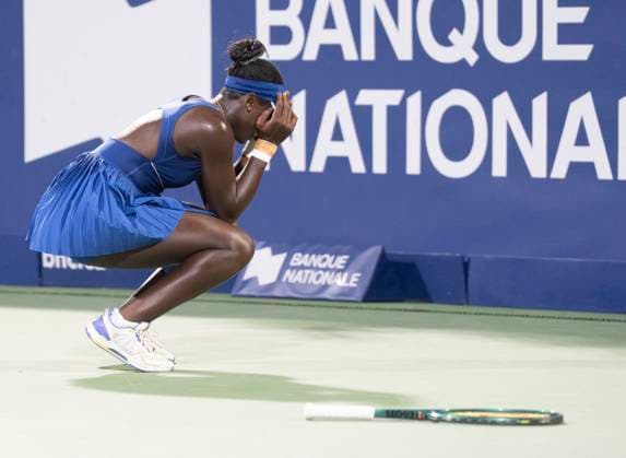 August 6, 2025, Montreal, Pq, Canada: Victoria Mboko of Canada reacts following her win over Elena Rybakina of Kazakhstan during semifinal tennis action at the National Bank Open in Montreal, Wednesday, Aug. 6, 2025. Canada News - August 6, 2025  - ZUMAc35_ 20250806_zaf_c35_051 Copyright: xChristinnexMuschix