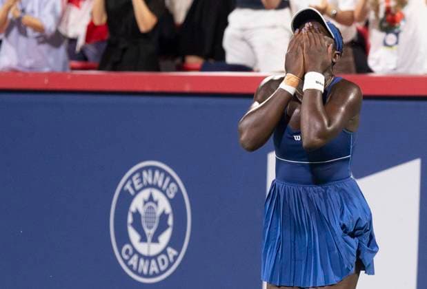 August 6, 2025, Montreal, Pq, Canada: Victoria Mboko of Canada reacts following her win over Elena Rybakina of Kazakhstan during semifinal tennis action at the National Bank Open in Montreal, Wednesday, Aug. 6, 2025. Canada News - August 6, 2025  - ZUMAc35_ 20250806_zaf_c35_056 Copyright: xChristinnexMuschix