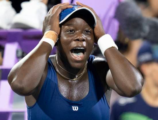 August 6, 2025, Montreal, Pq, Canada: Victoria Mboko of Canada reacts following her win over Elena Rybakina of Kazakhstan during semifinal tennis action at the National Bank Open in Montreal, Wednesday, Aug. 6, 2025. Canada News - August 6, 2025  - ZUMAc35_ 20250806_zaf_c35_071 Copyright: xChristinnexMuschix