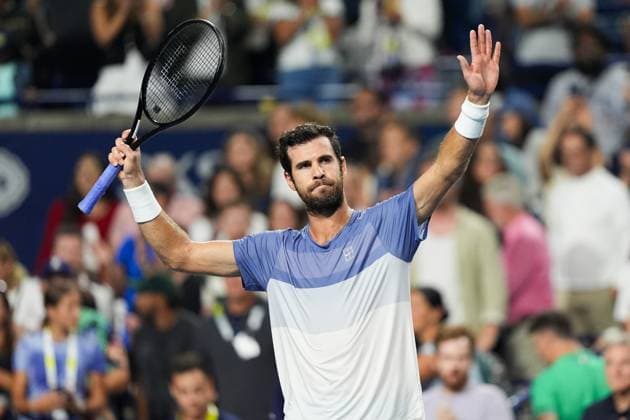National Bank Open 2025 - Day 12 TORONTO, CANADA - AUGUST 6 : Karen Khachanov celebrates after winning the men’s singles semifinals against Alexander Zverev of Germany on day twelve of the 2025 National Bank Open at Sobeys Stadium in Toronto, Ontario, Canada on August 6, 2025. Mert Alper Dervis Anadolu Ontario Canada. Editorial use only. Please get in touch for any other usage.  Copyright: x2025xAnadoluxMertxAlperxDervisx