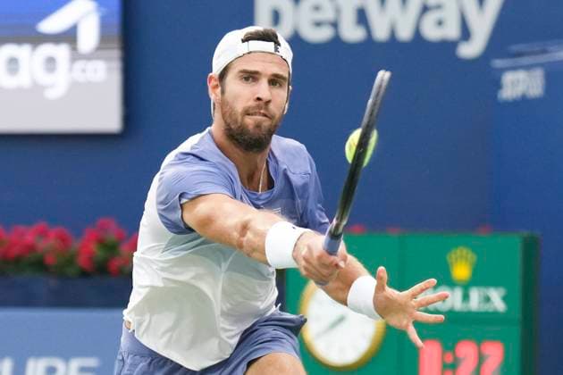 August 6, 2025, Toronto, On, CANADA: Karen Khachanov of Russia hits a return to Alexander Zverev of Germany during semifinal tennis action at the National Bank Open in Toronto on Wednesday, August 6, 2025. Karen Khachanov  - ZUMAc35_ 20250806_zaf_c35_083 Copyright: xChrisxYoungx