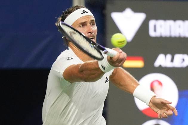 August 6, 2025, Toronto, On, CANADA: Alexander Zverev of Germany hits a return to Karen Khachanov of Russia during semifinal tennis action at the National Bank Open in Toronto on Wednesday, August 6, 2025. Alexander Zverev  - ZUMAc35_ 20250806_zaf_c35_087 Copyright: xChrisxYoungx
