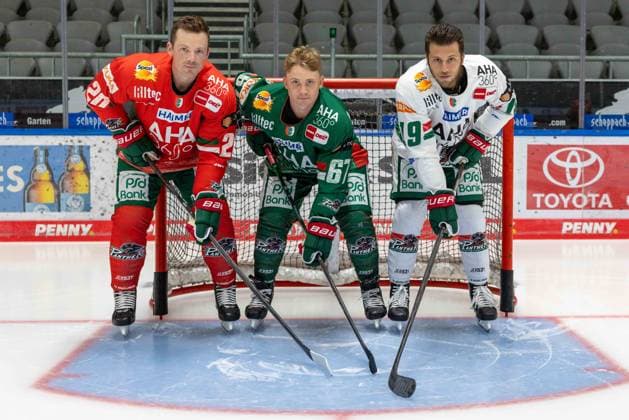Cody Kunyk 20 Augsburger Panther , Florian Elias 67 Augsburger Panther , Riley Damiani 19 Augsburger Panther , Team and portrait pictures, Augsburger Panther, Season 2025 2026, Ice Hockey, Penny DEL, 06 08 2025 Augsburg Bayern Germany Copyright: xkolbert-press ChristianxKolbertx
