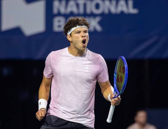 (250807) -- TORONTO, Aug. 7, 2025 -- Ben Shelton of the United States celebrates scoring during the men s singles semifinal match between Ben Shelton of the United States and Taylor Fritz of the United States at the 2025 National Bank Open tennis tournament in Toronto, Canada, on Aug. 6, 2025. (Photo by Xinhua) (SP)CANADA-TORONTO-TENNIS-NATIONAL BANK OPEN-MEN S SINGLES-SEMIFINALS ZouxZheng 