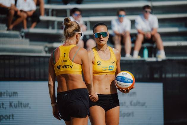 Beach volleyball, Beachvolleyball - Baden Challenge BADEN,AUSTRIA,07.AUG.25 - BEACH VOLLEYBALL - FIVB World Tour - Baden Challenge. Image shows Valentyna Davidova (UKR) and Anhelina Khmil (UKR).  GEPAxpictures xAlexanderxSolc