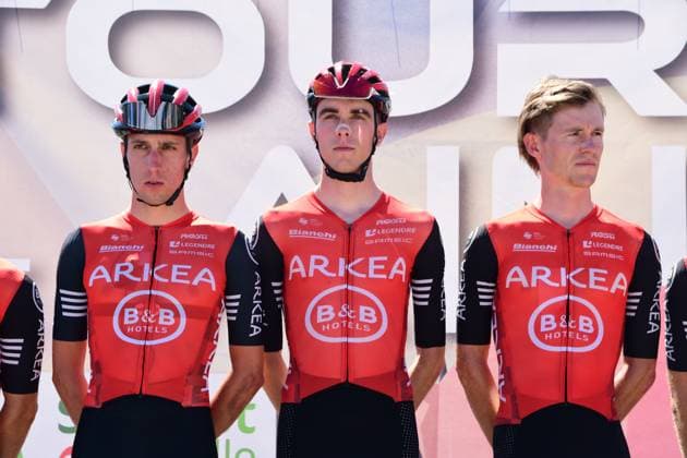 2025 Tour De L Ain Professional Cycling Race Victor GUERNALEC, Remi LELANDAIS, Laurens HUYS, Michel RIES, Louis ROULAND, and Edoardo ZAMPERINI of the Arkea-B&B Hotels team participate in the Team Presentation of the 2025 Tour de l Ain UCI 2.1 Professional Cycling Race in Saint Vulbas, France, on August 7, 2025. Stage 2 takes place between Saint Vulbas and Lelex Monts Jura. Saint Vulbas Ain France  Copyright: xRomainxDoucelinx originalFilename:doucelin-2025tour250807_nphuY.jpg