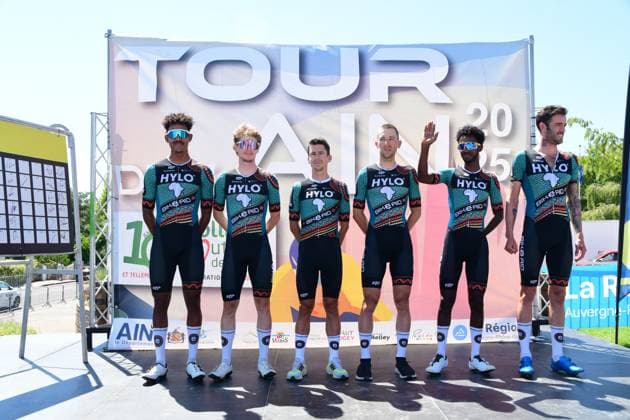 2025 Tour De L Ain Professional Cycling Race Anton Theo Schiffer, Yoel Habteab, Oliver Mattheis, Antoine Berlin, Milkiyas Maekele, and Mehmet Sampiyonbisiklet of Team Bike Aid participate in the team presentation of the 2025 Tour de l Ain UCI 2.1 Professional Cycling Race. Stage 2 takes place between Saint Vulbas and Lelex Monts Jura in Saint Vulbas, France, on August 7, 2025. Saint Vulbas Ain France  Copyright: xRomainxDoucelinx originalFilename:doucelin-2025tour250807_npa0R.jpg