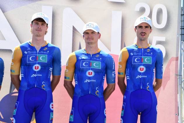 2025 Tour De L Ain Professional Cycling Race Axel Mariault, Joris Chaussinand, Justin Ducret, Mael Guegan, Corentin Devroute, and Yael Joalland of the CIC U Nantes team participate in the Team Presentation of the 2025 Tour de l Ain UCI 2.1 Professional Cycling Race. Stage 2 takes place between Saint Vulbas and Lelex Monts Jura in Saint Vulbas, France, on August 7, 2025. Saint Vulbas Ain France  Copyright: xRomainxDoucelinx originalFilename:doucelin-2025tour250807_npcdO.jpg