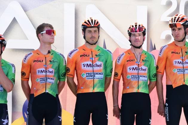 2025 Tour De L Ain Professional Cycling Race Nicolas Breuillard, Romain Cardis, Theo Delacroix, Yohann Simon, and Morne Van Niekerk of the Saint Michel-Preference Home-Auber 93 team participate in the Team Presentation of the 2025 Tour de l Ain UCI 2.1 Professional Cycling Race. Stage 2 takes place between Saint Vulbas and Lelex Monts Jura in Saint Vulbas, France, on August 7, 2025. Saint Vulbas Ain France  Copyright: xRomainxDoucelinx originalFilename:doucelin-2025tour250807_npm7a.jpg