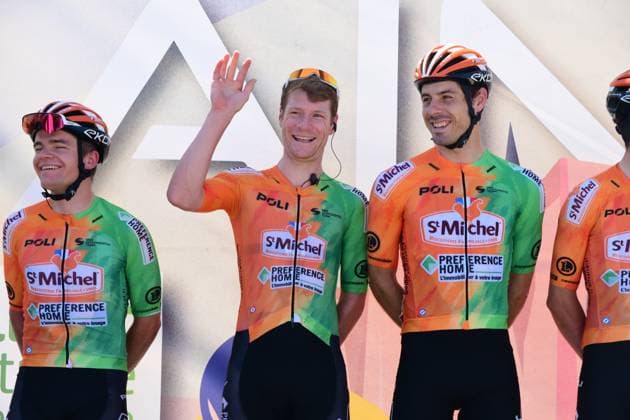 2025 Tour De L Ain Professional Cycling Race Nicolas Breuillard, Romain Cardis, Theo Delacroix, Yohann Simon, and Morne Van Niekerk of the Saint Michel-Preference Home-Auber 93 team participate in the Team Presentation of the 2025 Tour de l Ain UCI 2.1 Professional Cycling Race. Stage 2 takes place between Saint Vulbas and Lelex Monts Jura in Saint Vulbas, France, on August 7, 2025. Saint Vulbas Ain France  Copyright: xRomainxDoucelinx originalFilename:doucelin-2025tour250807_npVDh.jpg