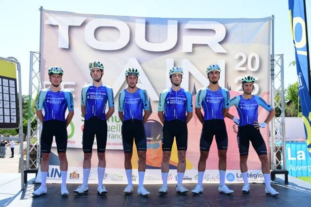 2025 Tour De L Ain Professional Cycling Race Nicolas Prodhomme, Geoffrey Bouchard, Andrea Vendrame, Matthew Greenwood, Noa Isidore, and Victor Lafay of the Decathlon AG2R La Mondiale team participate in the Team Presentation of the 2025 Tour de l Ain UCI 2.1 Professional Cycling Race. Stage 2 takes place between Saint Vulbas and Lelex Monts Jura in Saint Vulbas, France, on August 7, 2025. Saint Vulbas Ain France  Copyright: xRomainxDoucelinx originalFilename:doucelin-2025tour250807_npZij.jpg